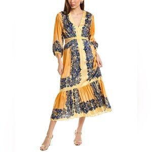 Sandro V-neck Willow Cut-Out Maxi Dress in Gold and Navy - Size M